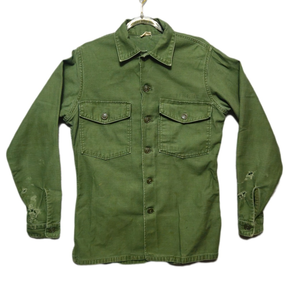 VINTAGE 1960s US ARMY OG107 Utility Shirt Vietnam Era Cotton Sateen Field Worn